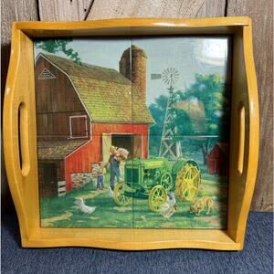 John Deere Serving Tray 4 Porcelain Tiles Barnyard Picture by Charles Freitag